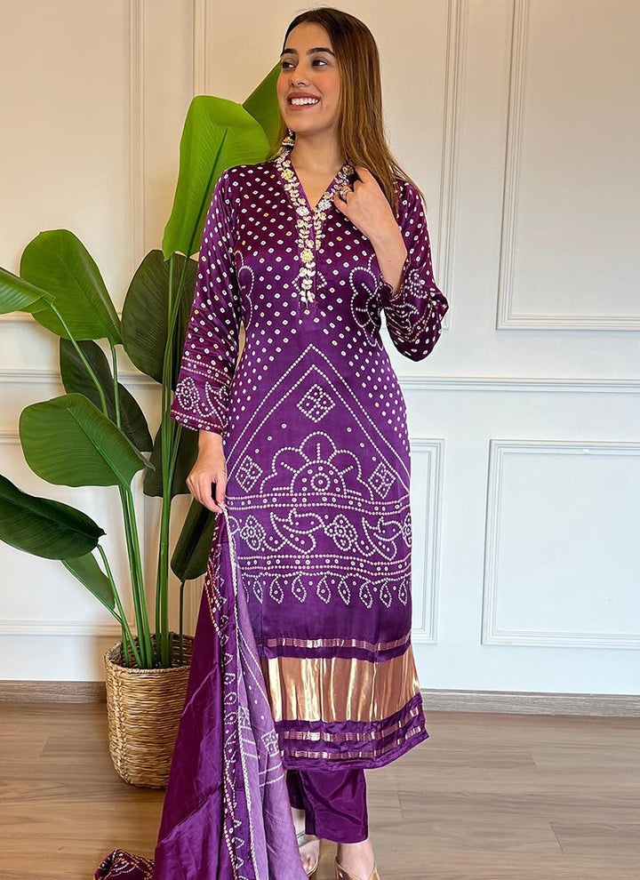 Purple Bandhani Style Viscose Straight Kurta Set