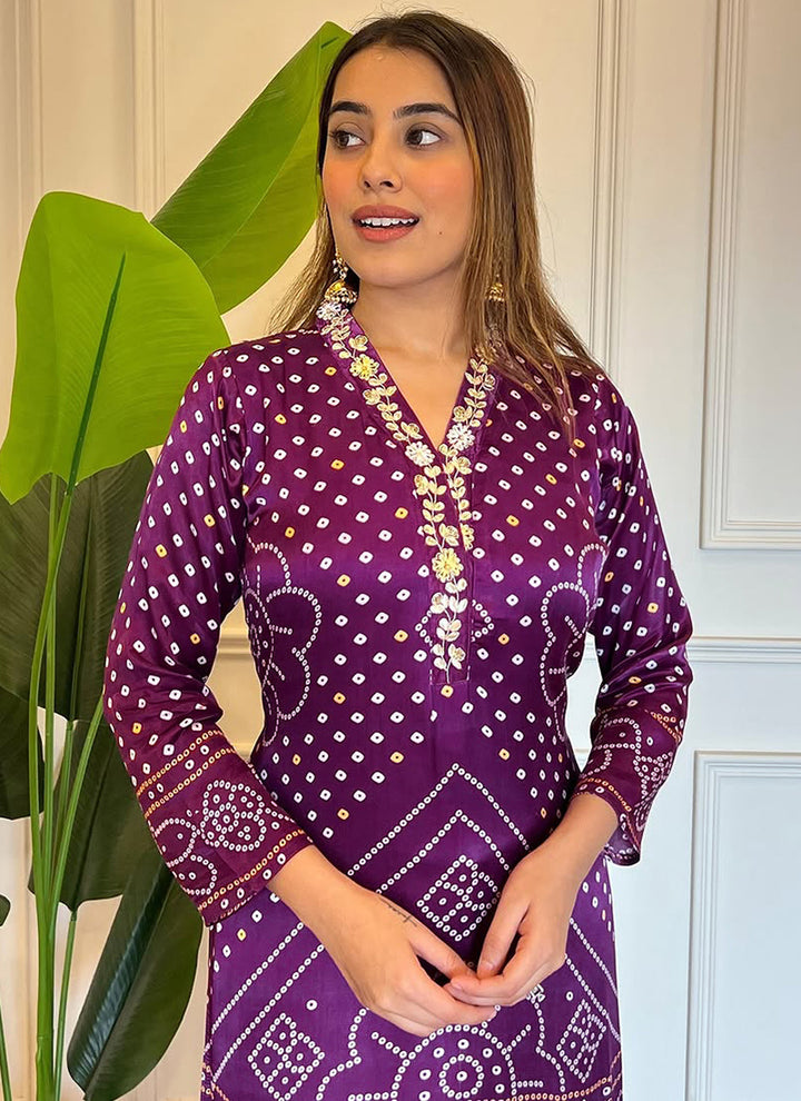 Purple Bandhani Style Viscose Straight Kurta Set
