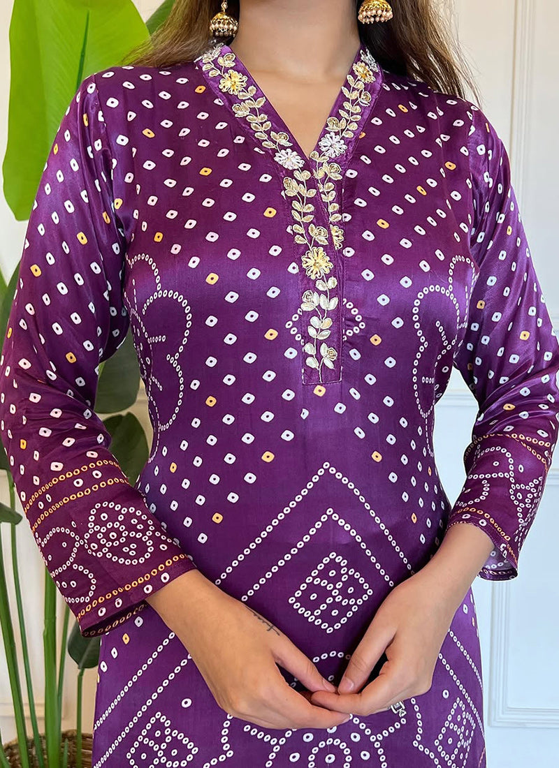 Purple Bandhani Style Viscose Straight Kurta Set
