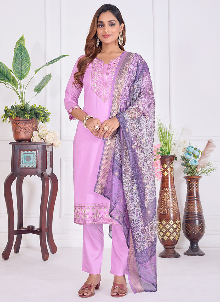 Lavender Embroidered Cotton Festive Wear Kurta Set