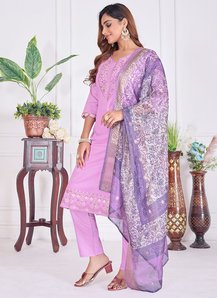 Lavender Embroidered Cotton Festive Wear Kurta Set