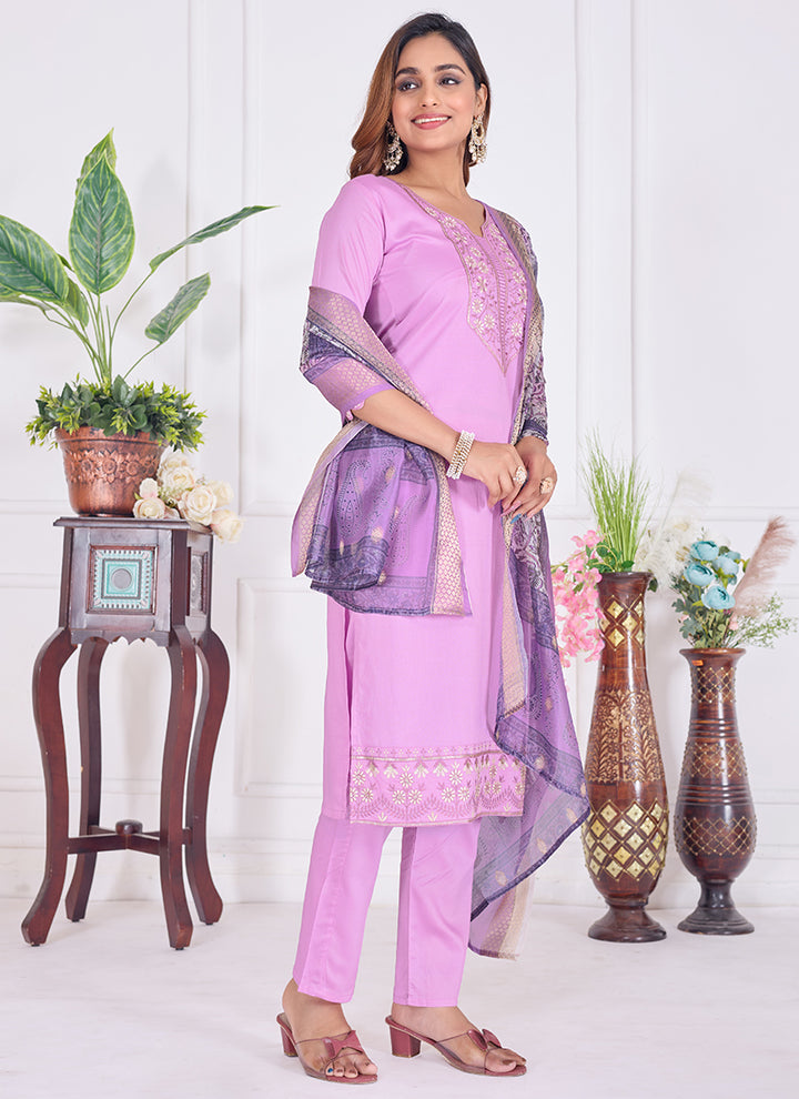 Lavender Embroidered Cotton Festive Wear Kurta Set