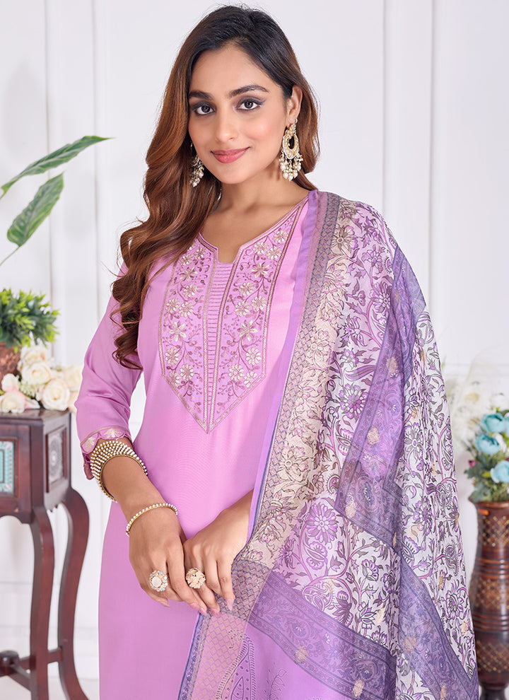 Lavender Embroidered Cotton Festive Wear Kurta Set