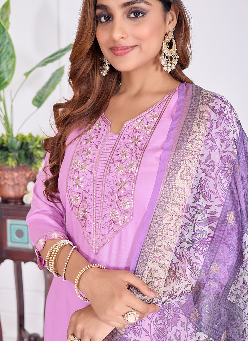 Lavender Embroidered Cotton Festive Wear Kurta Set