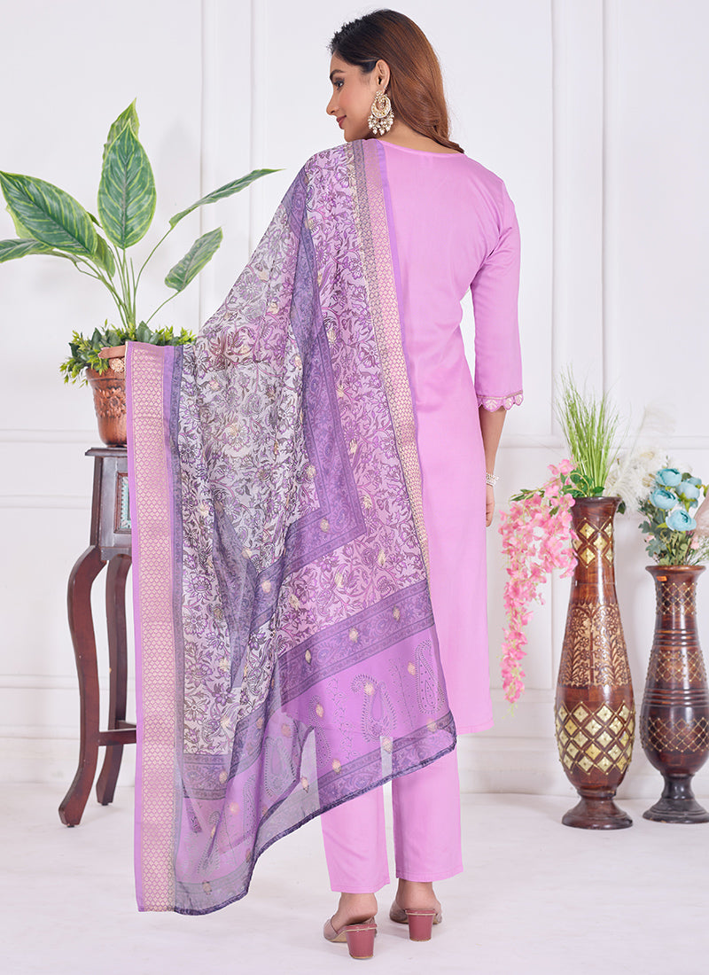 Lavender Embroidered Cotton Festive Wear Kurta Set