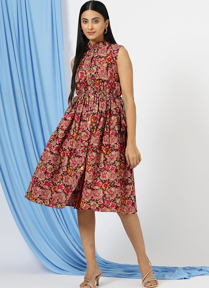 Modish Cotton Rayon Gathered Details Midi Dress