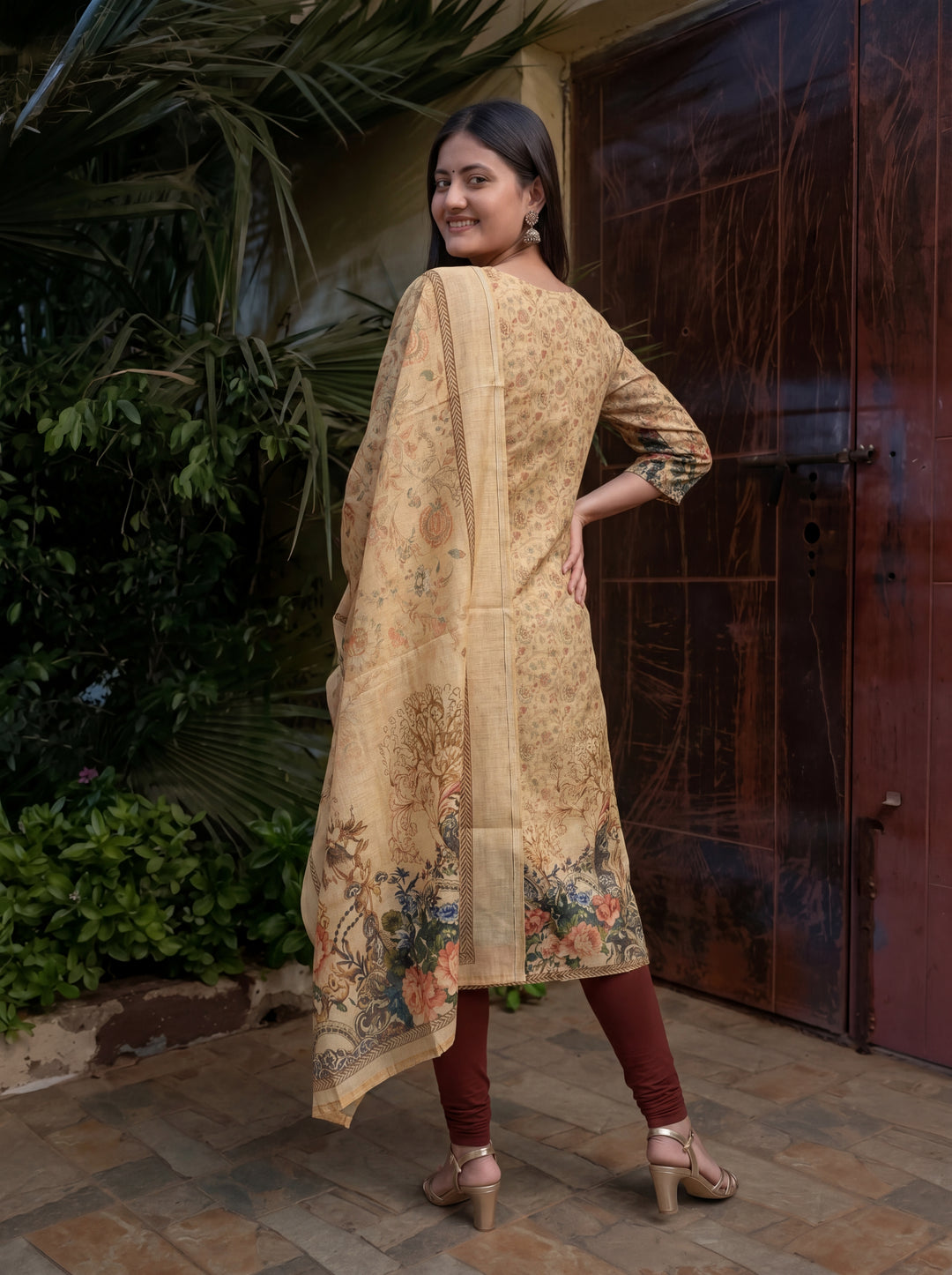Beige Jamdani Cotton Straight Fit Festive Kurta And Dupatta