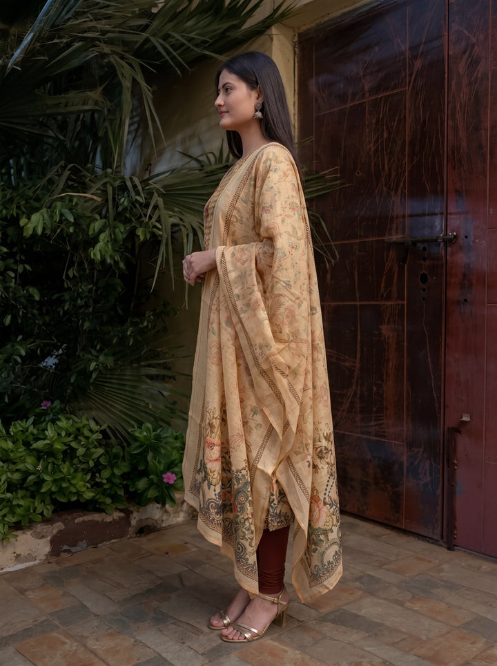 Beige Jamdani Cotton Straight Fit Festive Kurta And Dupatta