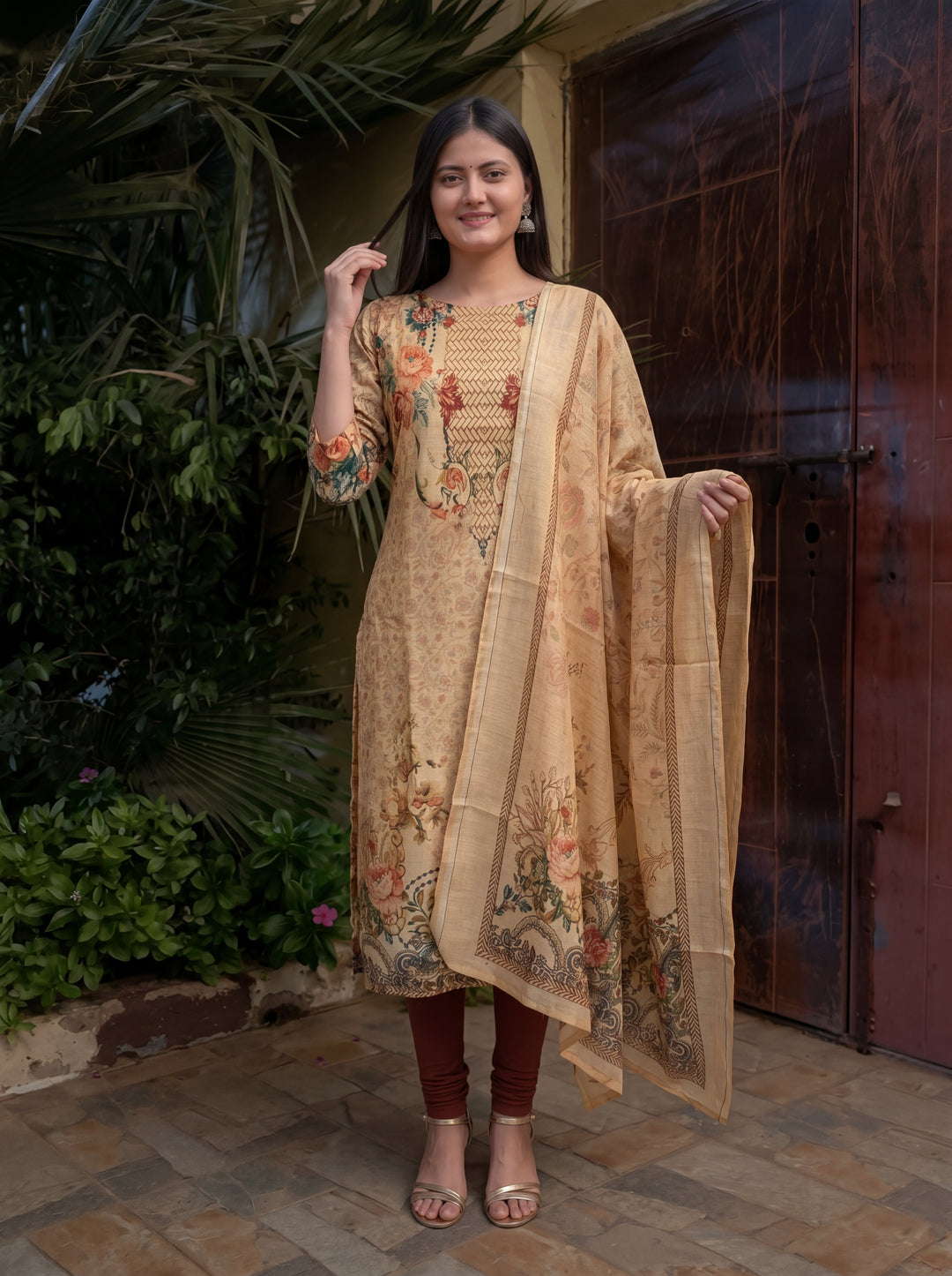 Beige Jamdani Cotton Straight Fit Festive Kurta And Dupatta