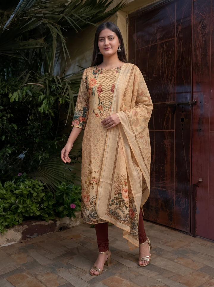 Beige Jamdani Cotton Straight Fit Festive Kurta And Dupatta