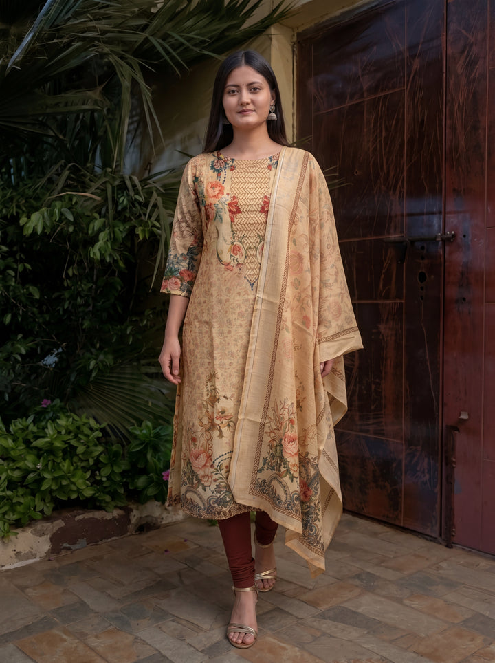Beige Jamdani Cotton Straight Fit Festive Kurta And Dupatta