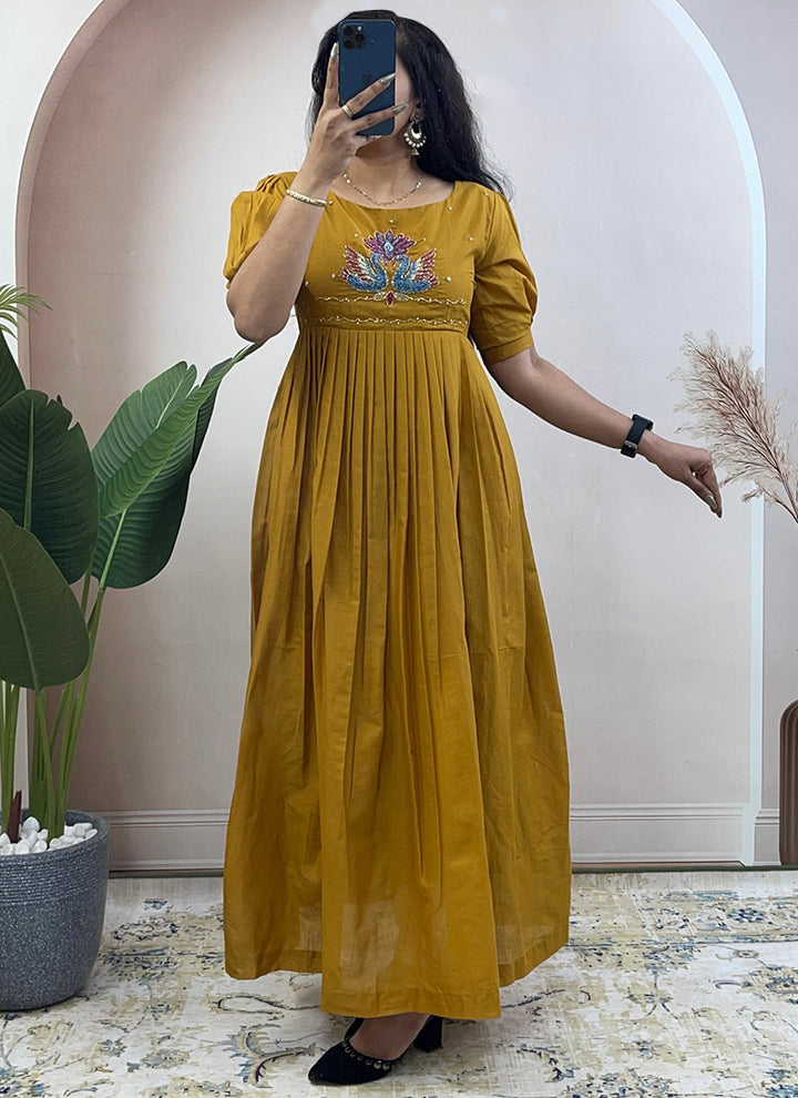 Mustard Mul Cotton Handwork Festive Wear Kurti