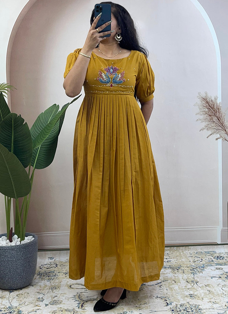 Mustard Mul Cotton Handwork Festive Wear Kurti