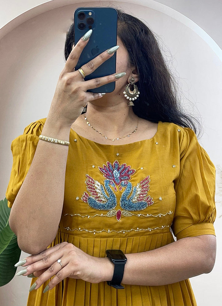 Mustard Mul Cotton Handwork Festive Wear Kurti