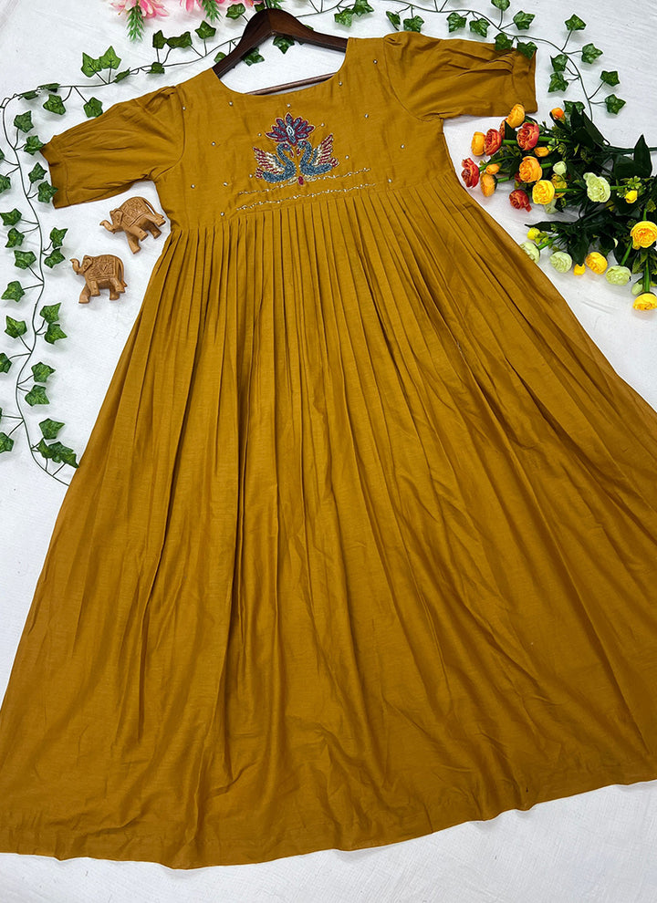 Mustard Mul Cotton Handwork Festive Wear Kurti