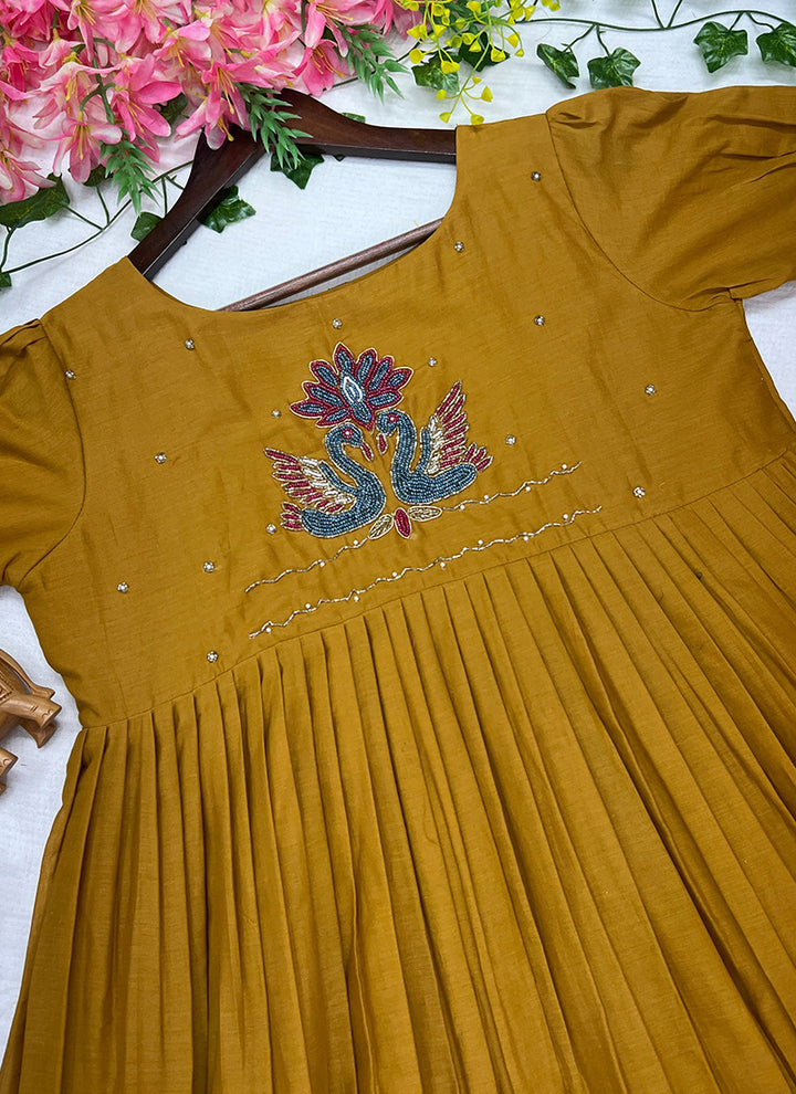 Mustard Mul Cotton Handwork Festive Wear Kurti