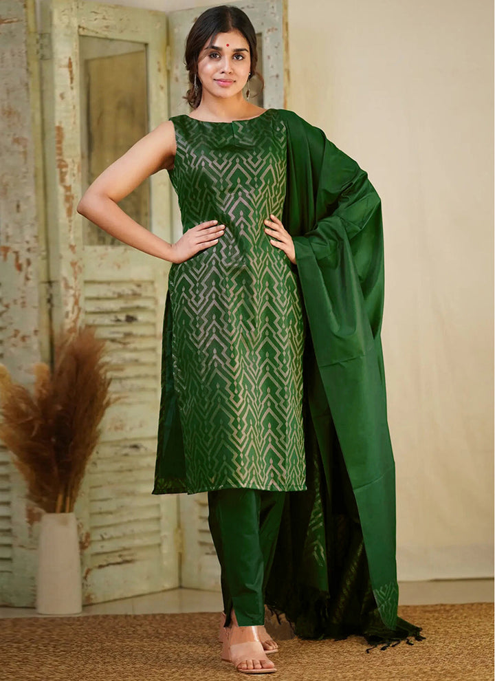 Green Art Silk Pant Style Woven Kurta Set