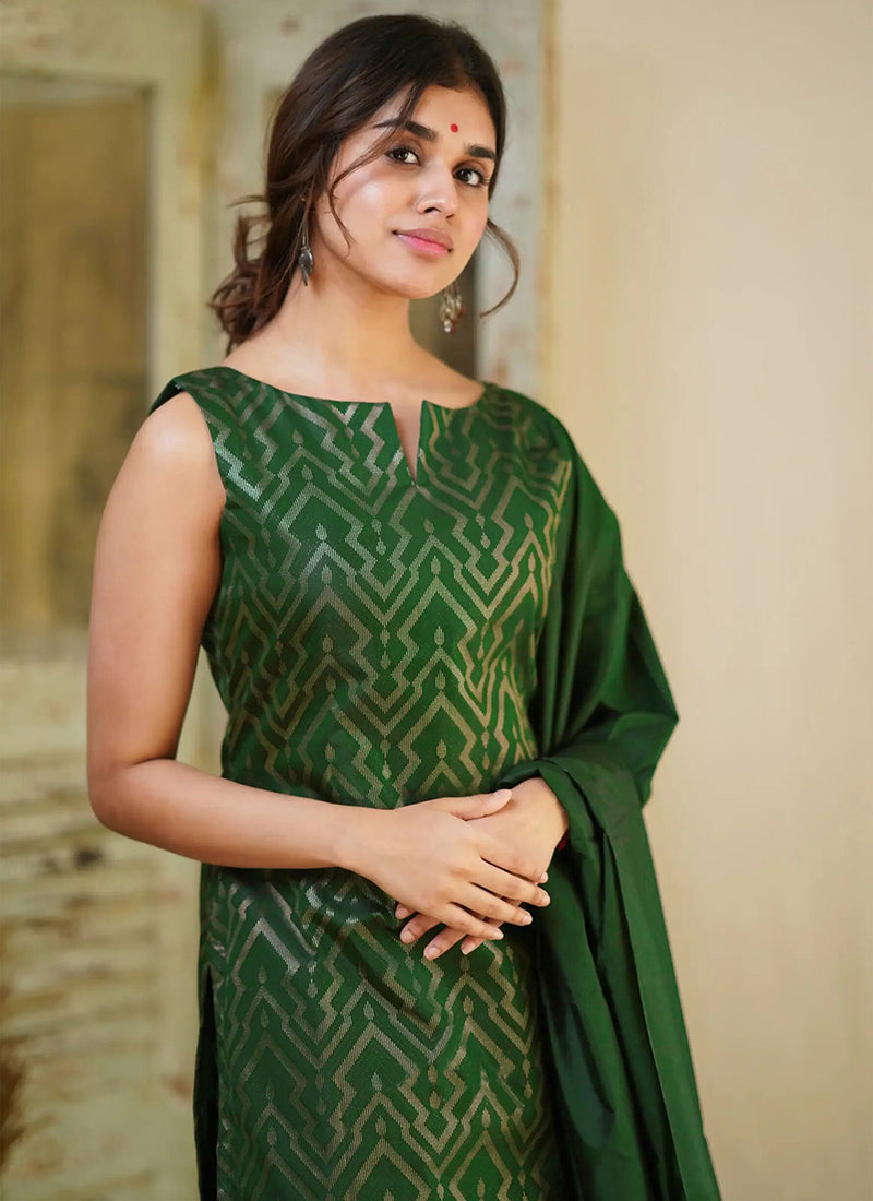 Green Art Silk Pant Style Woven Kurta Set