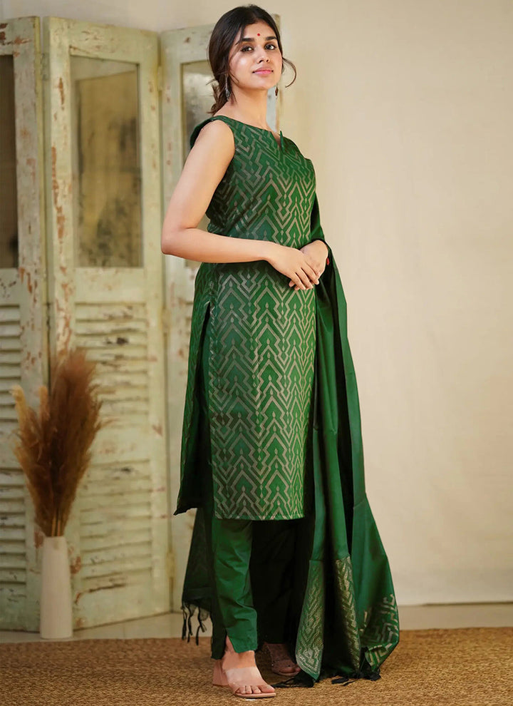 Green Art Silk Pant Style Woven Kurta Set