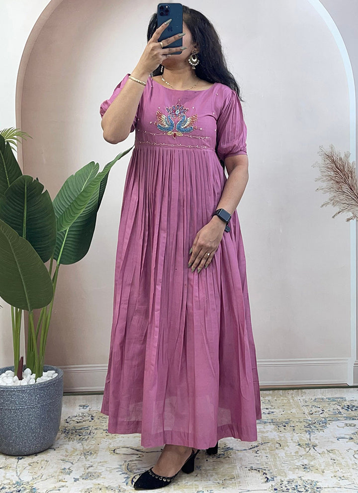 Onion Pink Mul Cotton Handwork Ceremonial Wear Kurti