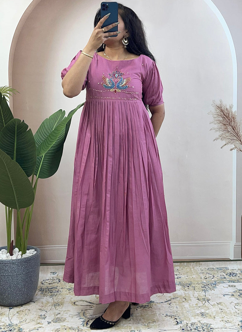 Onion Pink Mul Cotton Handwork Ceremonial Wear Kurti