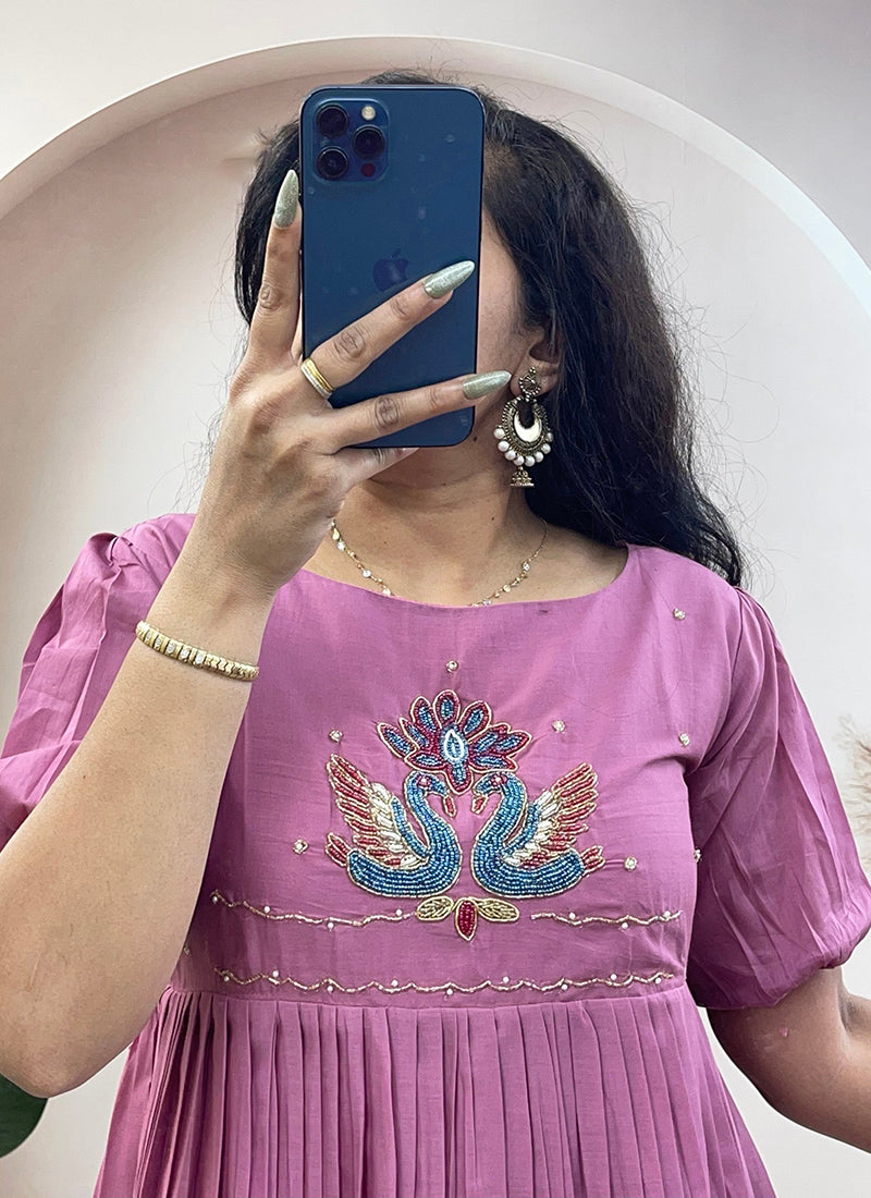 Onion Pink Mul Cotton Handwork Ceremonial Wear Kurti