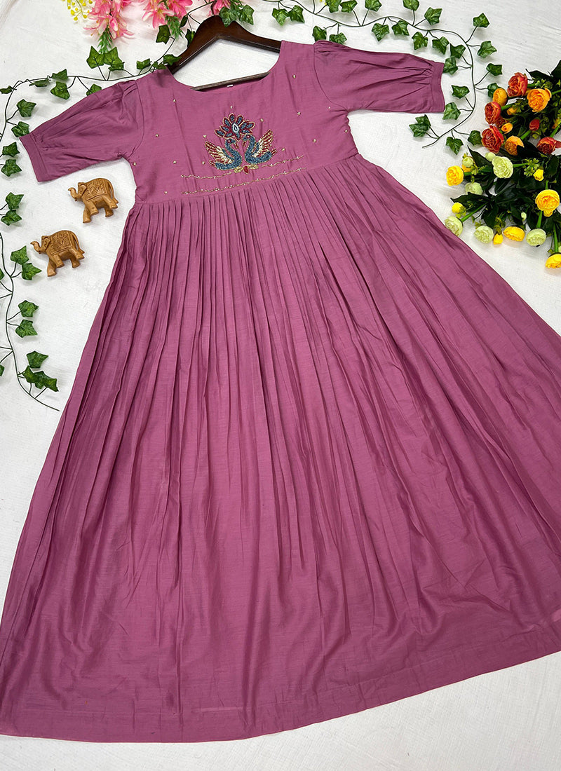 Onion Pink Mul Cotton Handwork Ceremonial Wear Kurti