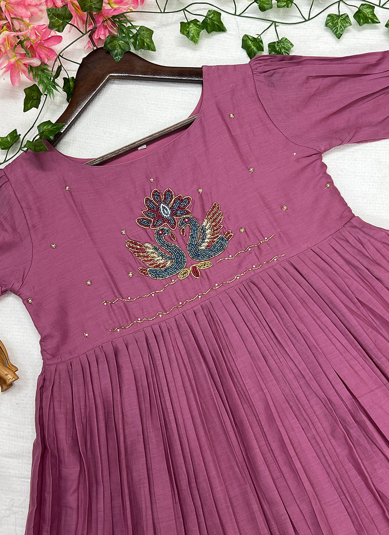 Onion Pink Mul Cotton Handwork Ceremonial Wear Kurti