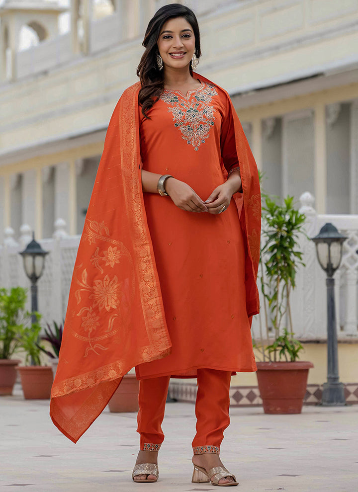 Orange Roman Silk Embroidered Kurta Set For Festive