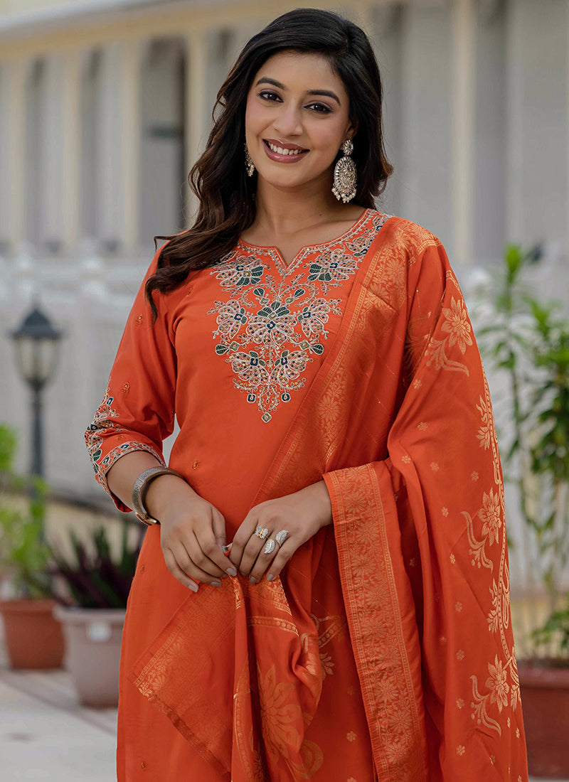 Orange Roman Silk Embroidered Kurta Set For Festive