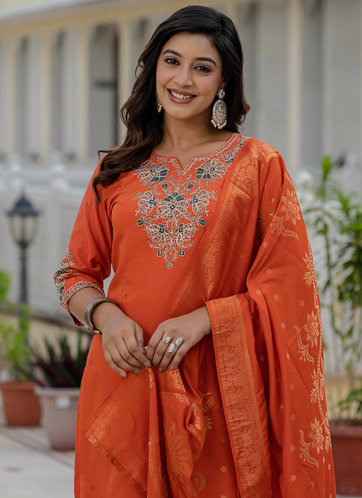 Orange Roman Silk Embroidered Kurta Set For Festive