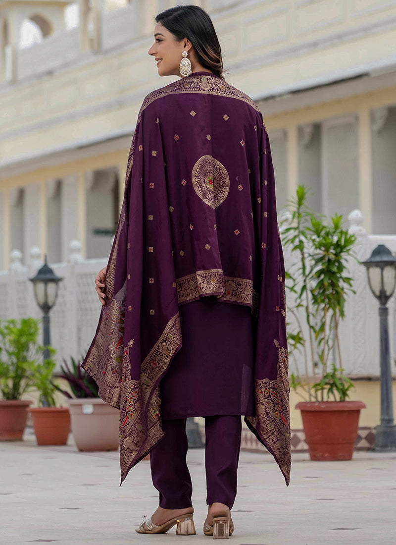 Wine Thread Embroidered Roman Silk Salwar Set