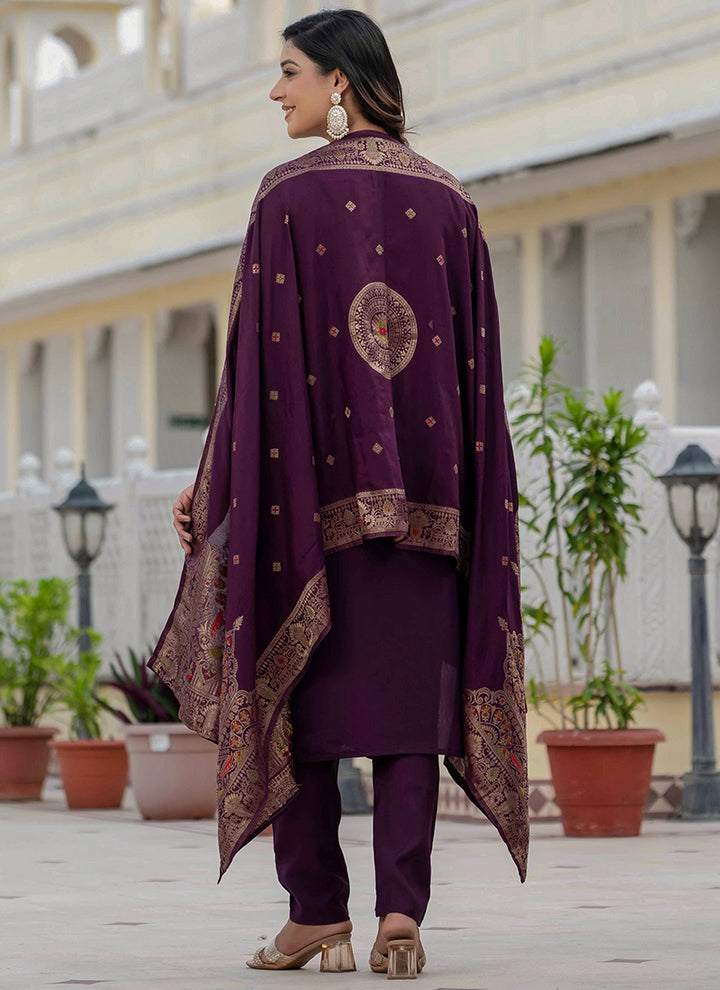 Wine Thread Embroidered Roman Silk Salwar Set