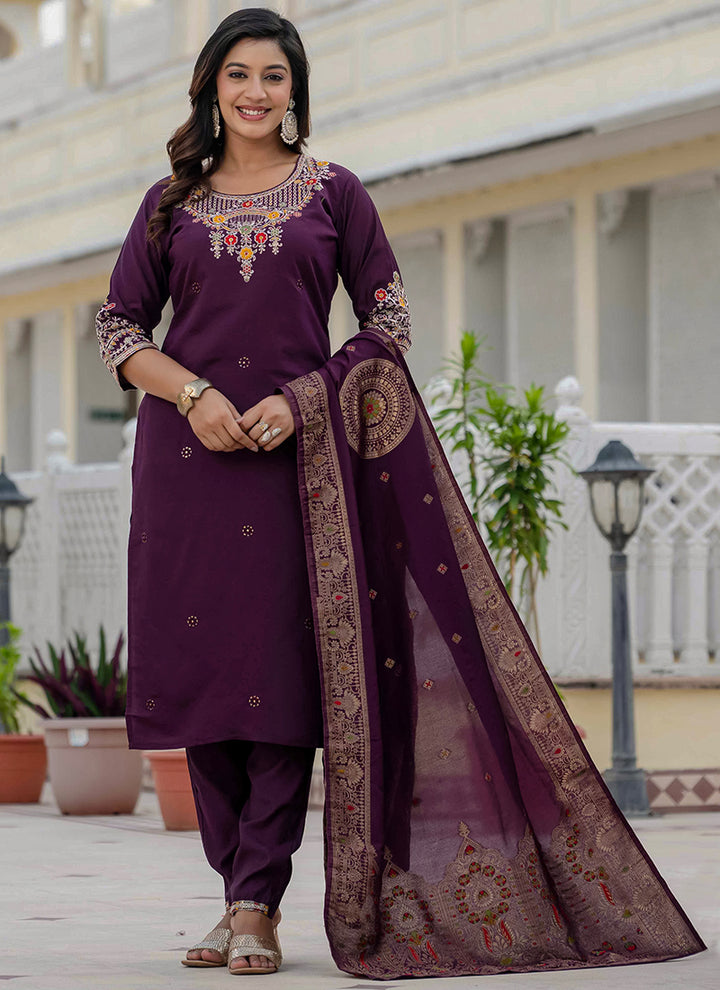 Wine Thread Embroidered Roman Silk Salwar Set