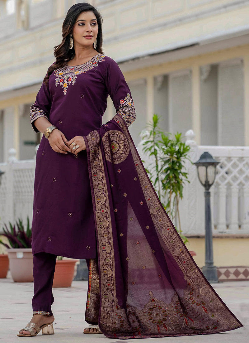 Wine Thread Embroidered Roman Silk Salwar Set