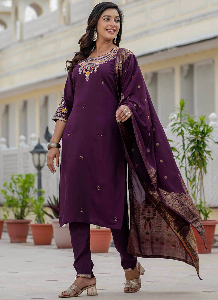 Wine Thread Embroidered Roman Silk Salwar Set