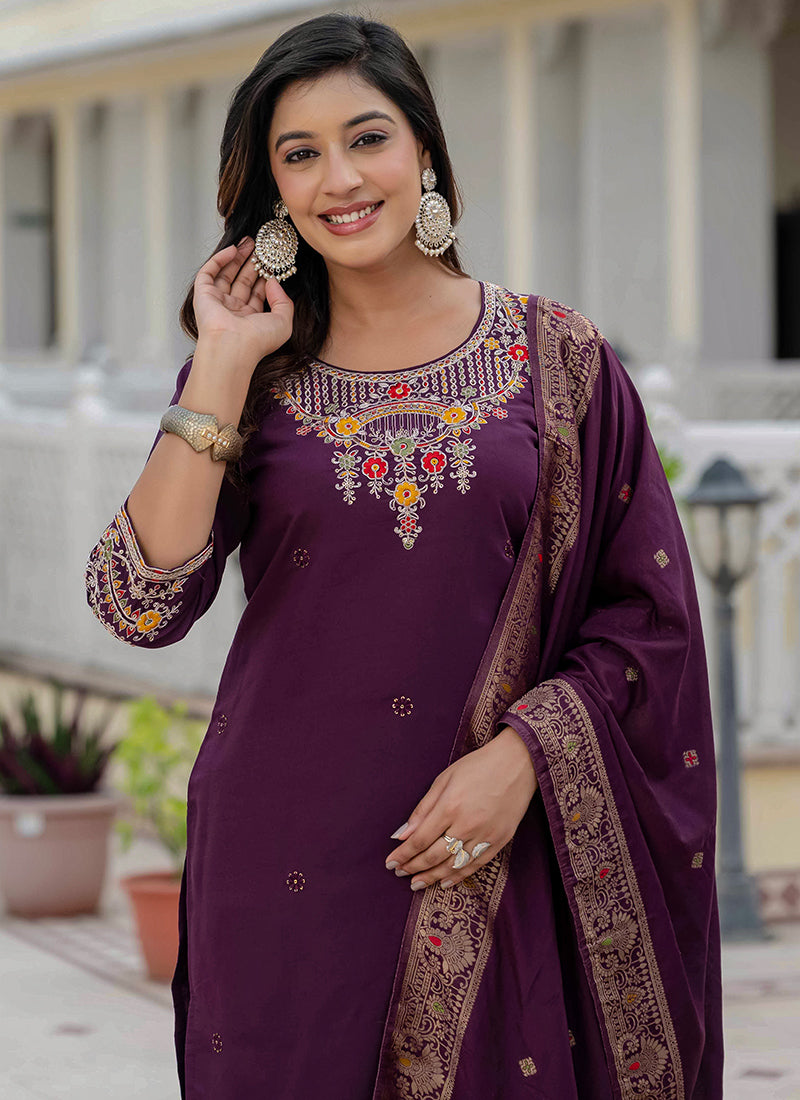 Wine Thread Embroidered Roman Silk Salwar Set