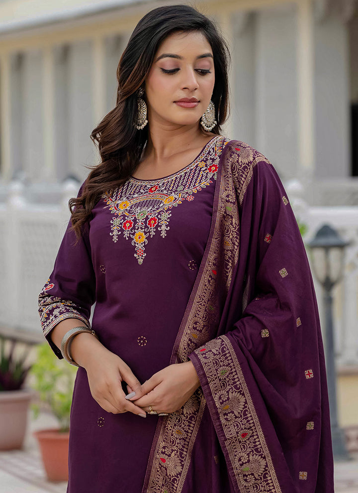 Wine Thread Embroidered Roman Silk Salwar Set