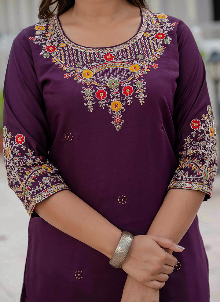 Wine Thread Embroidered Roman Silk Salwar Set