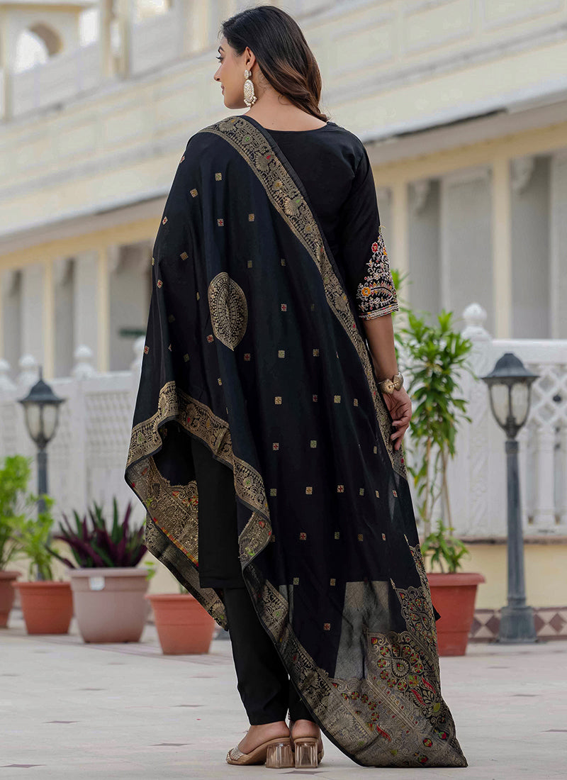 Black Roman Silk Thread Embroidered Salwar Set