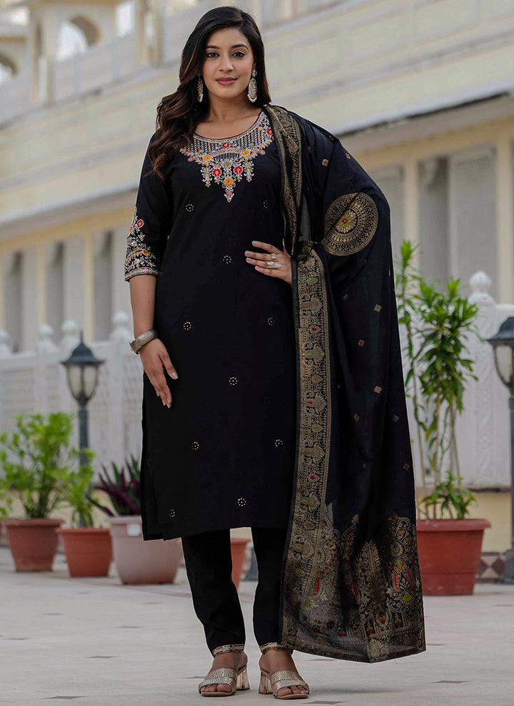 Black Roman Silk Thread Embroidered Salwar Set