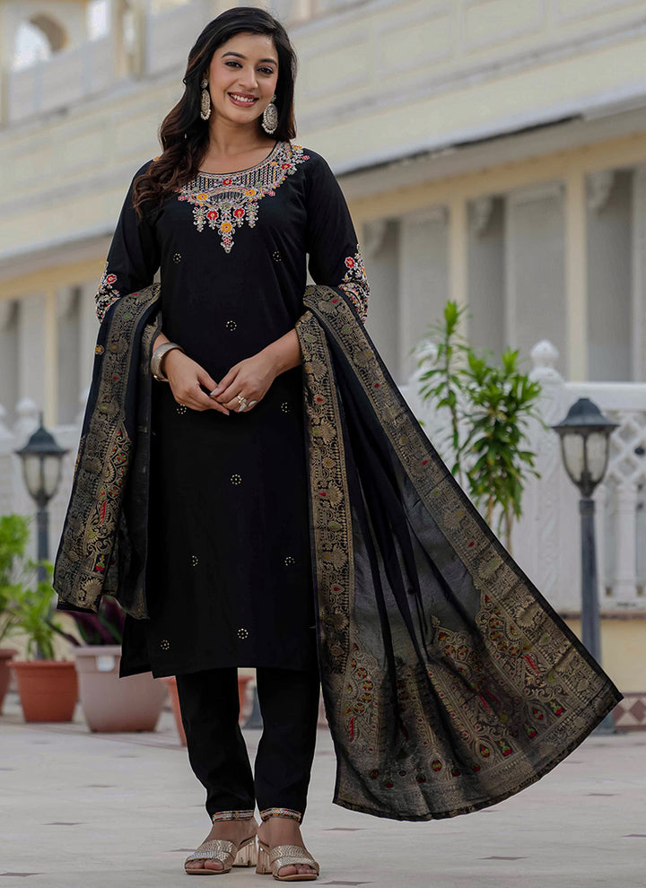 Black Roman Silk Thread Embroidered Salwar Set