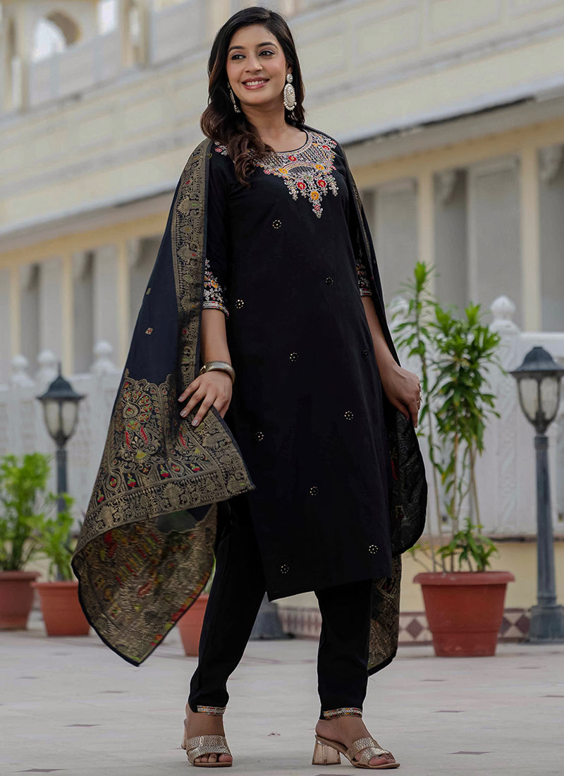 Black Roman Silk Thread Embroidered Salwar Set