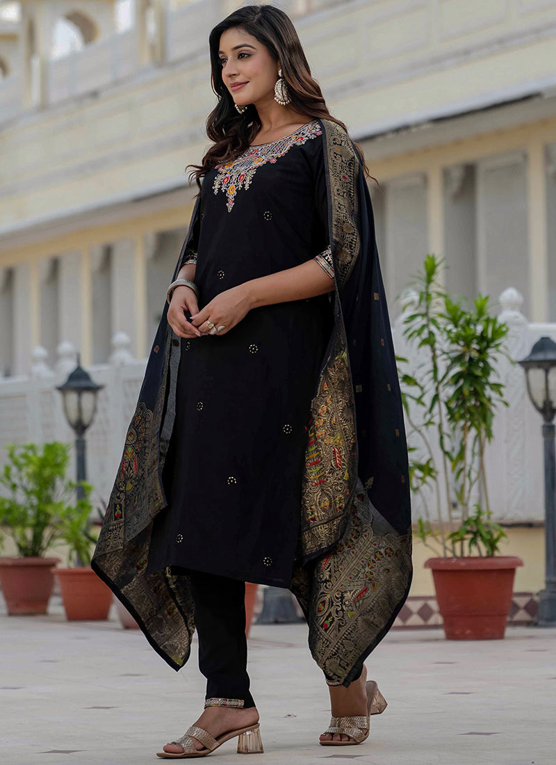 Black Roman Silk Thread Embroidered Salwar Set