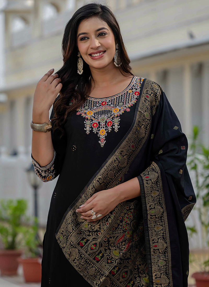 Black Roman Silk Thread Embroidered Salwar Set