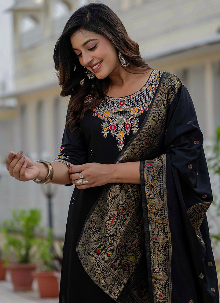 Black Roman Silk Thread Embroidered Salwar Set