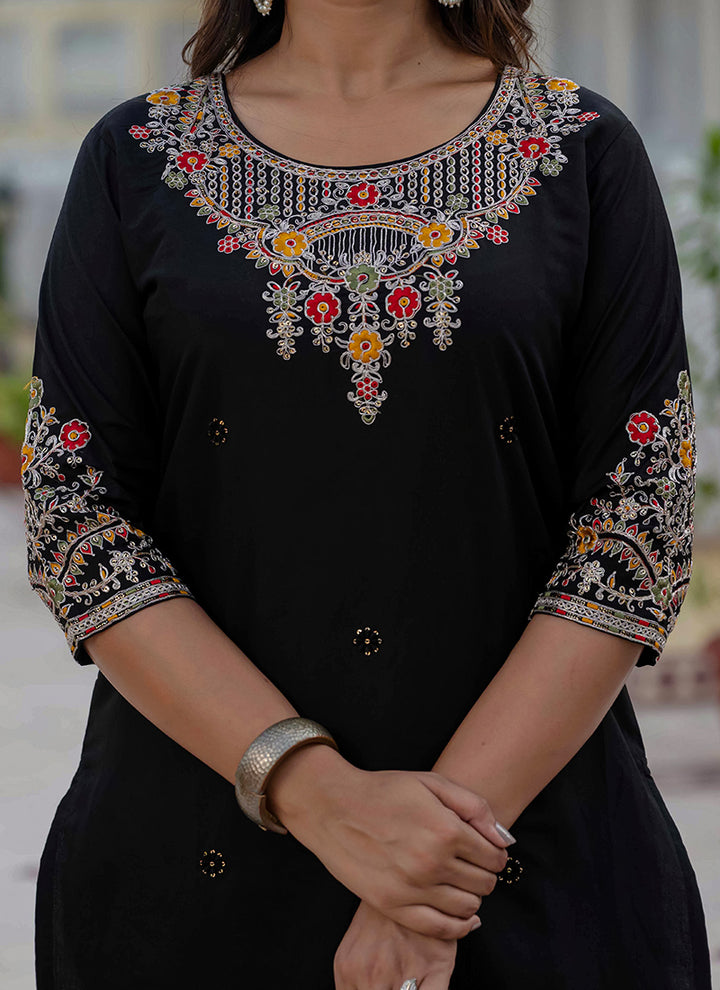 Black Roman Silk Thread Embroidered Salwar Set