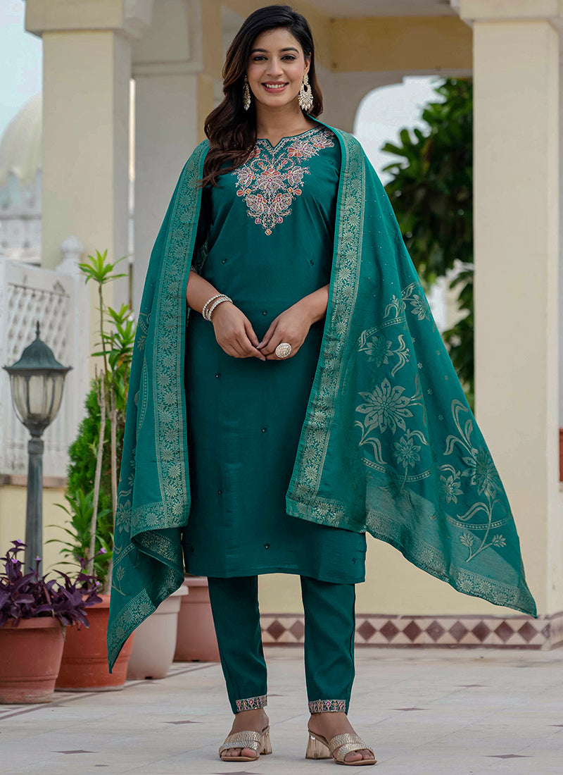 Rama Green Roman Silk Embroidered Festive Kurta Set