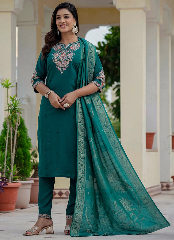 Rama Green Roman Silk Embroidered Festive Kurta Set