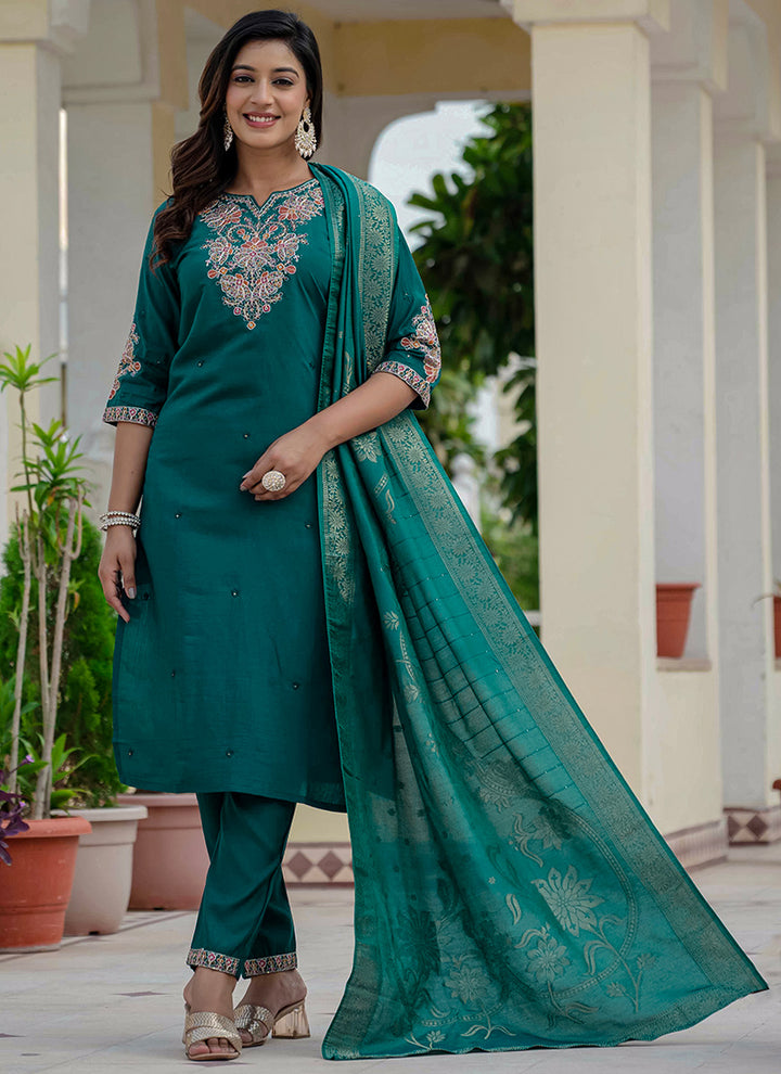 Rama Green Roman Silk Embroidered Festive Kurta Set